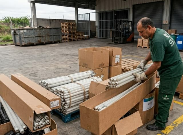 Coleta, descarte e reciclagem de lâmpadas fluorescentes inteiras e quebradas Clean